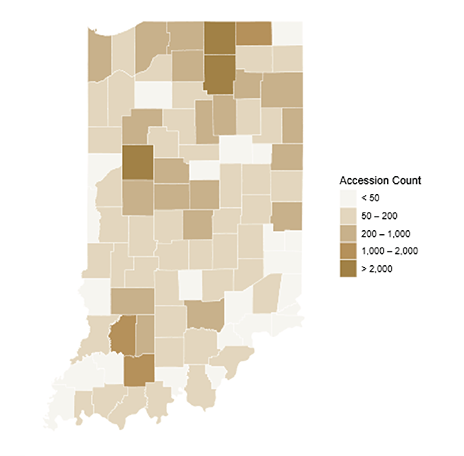 Choropleth map showing Indiana statewide distribution of diagnostic accessions